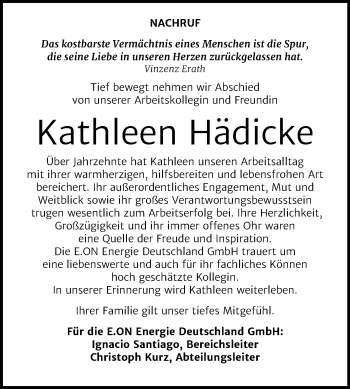 Traueranzeige von Kathleen Hädicke von Mitteldeutsche Zeitung 
