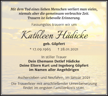 Traueranzeige von Kathleen Hädicke von Mitteldeutsche Zeitung Aschersleben