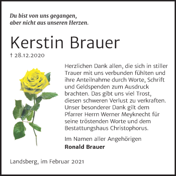 Traueranzeige von Kerstin Brauer von Mitteldeutsche Zeitung Halle/Saalkreis