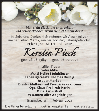 Traueranzeige von Kerstin Piech von Mitteldeutsche Zeitung Merseburg/Querfurt