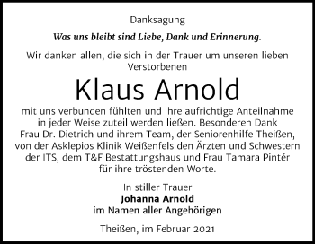 Traueranzeige von Klaus Arnold von Super Sonntag Zeitz