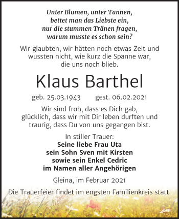 Traueranzeige von Klaus Barthel von Super Sonntag Naumburg/Nebra