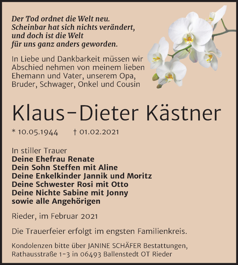  Traueranzeige für Klaus-Dieter Kästner vom 06.02.2021 aus Super Sonntag Quedlinburg