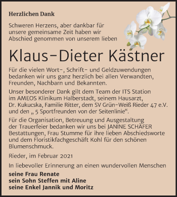 Traueranzeige von Klaus-Dieter Kästner von Mitteldeutsche Zeitung Quedlinburg