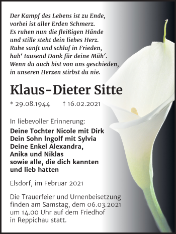 Traueranzeige von Klaus-Dieter Sitte von Super Sonntag Köthen