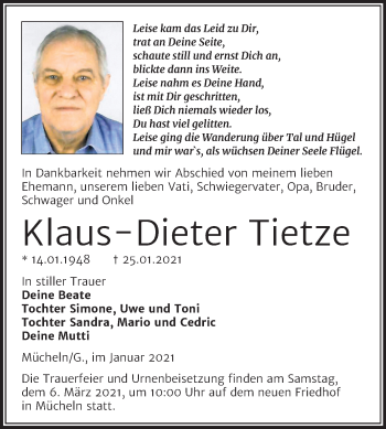 Traueranzeige von Klaus-Dieter Tietze von Mitteldeutsche Zeitung Merseburg/Querfurt