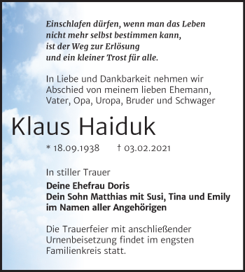 Traueranzeige von Klaus Haiduk von Mitteldeutsche Zeitung Wittenberg