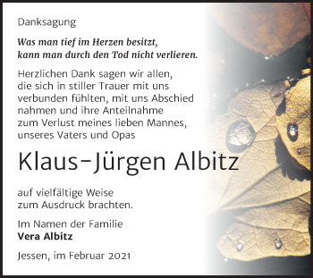 Traueranzeige von Klaus-Jürgen Albitz von Mitteldeutsche Zeitung Wittenberg