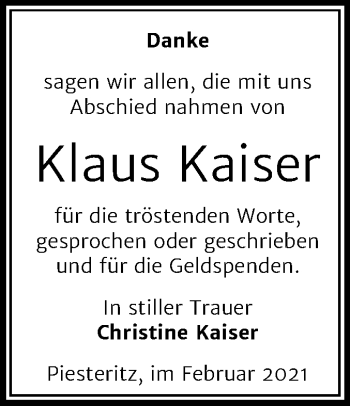 Traueranzeige von Klaus Kaiser von Super Sonntag Wittenberg