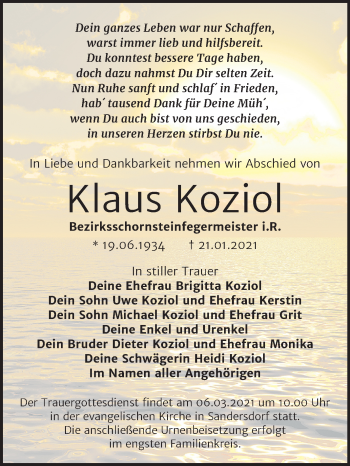 Traueranzeige von Klaus Koziol von Mitteldeutsche Zeitung Bitterfeld