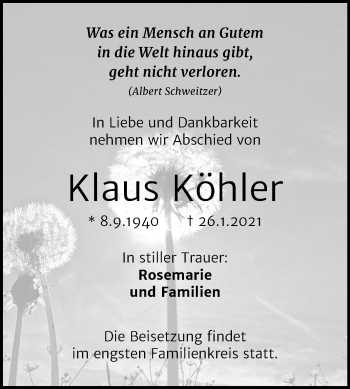 Traueranzeige von Klaus Köhler von Mitteldeutsche Zeitung Halle/Saalkreis