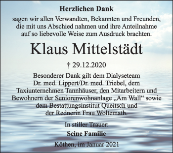 Traueranzeige von Klaus Mittelstädt von Mitteldeutsche Zeitung Köthen