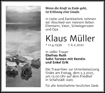 Traueranzeige von Klaus Müller von Mitteldeutsche Zeitung Merseburg/Querfurt