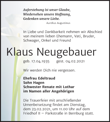 Traueranzeige von Klaus Neugebauer von Super Sonntag Bernburg
