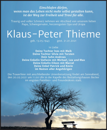 Traueranzeige von Klaus-Peter Thieme von Mitteldeutsche Zeitung Sangerhausen