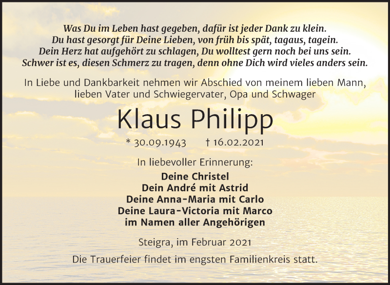  Traueranzeige für Klaus Philipp vom 20.02.2021 aus Mitteldeutsche Zeitung Naumburg/Nebra