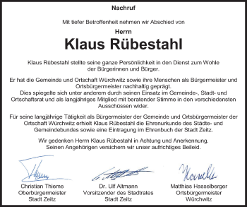Traueranzeige von Klaus Rübestahl von Mitteldeutsche Zeitung Zeitz