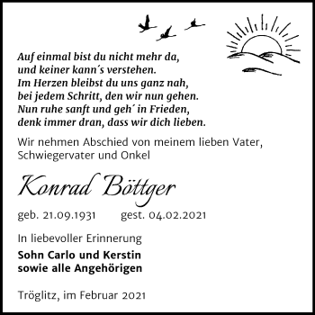 Traueranzeige von Konrad Böttger von Mitteldeutsche Zeitung Zeitz