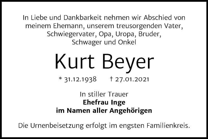  Traueranzeige für Kurt Beyer vom 20.02.2021 aus Mitteldeutsche Zeitung Bernburg