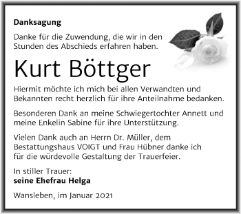 Traueranzeige von Kurt Böttger von Mitteldeutsche Zeitung Mansfelder Land