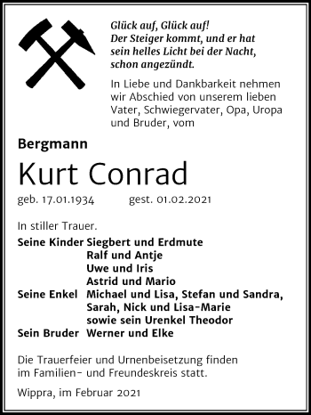 Traueranzeige von Kurt Conrad von Super Sonntag Mansfelder Land / Sangerhausen