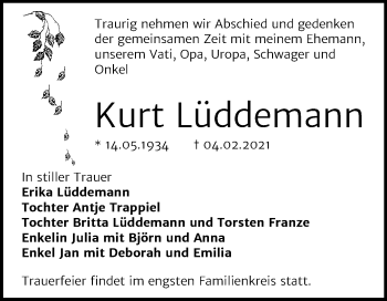 Traueranzeige von Kurt Lüddemann von Mitteldeutsche Zeitung Bernburg