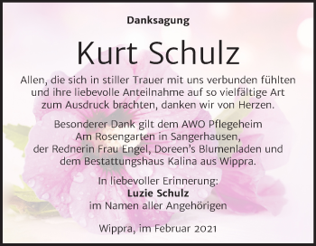 Traueranzeige von Kurt Schulz von Super Sonntag Sangerhausen