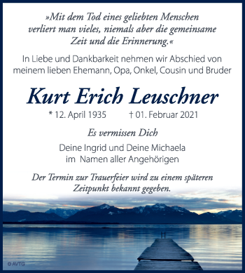 Traueranzeige von Kurt Erich Leuschner von Mitteldeutsche Zeitung Merseburg/Querfurt