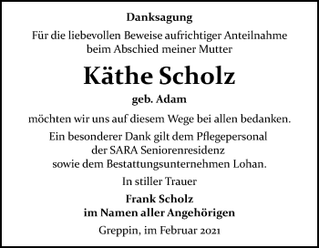 Traueranzeige von Käthe Scholz von Mitteldeutsche Zeitung Bitterfeld