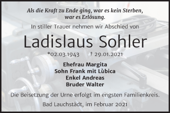 Traueranzeige von Ladislaus Sohler von Mitteldeutsche Zeitung Merseburg/Querfurt