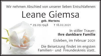 Traueranzeige von Leane Giemsa von Super Sonntag Mansfelder Land