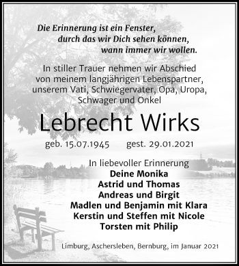 Traueranzeige von Lebrecht Wirks von Super Sonntag Aschersleben