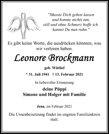 Traueranzeige von Leonore Brockmann von Mitteldeutsche Zeitung Halle/Saalkreis