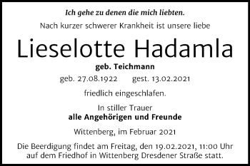 Traueranzeige von Lieselotte Hadamla von Mitteldeutsche Zeitung Wittenberg