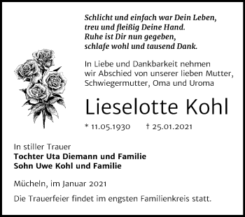 Traueranzeige von Lieselotte Kohl von Mitteldeutsche Zeitung Merseburg/Querfurt