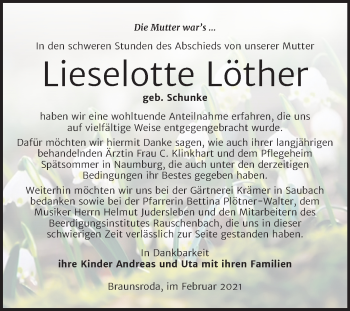 Traueranzeige von Lieselotte Löther von Mitteldeutsche Zeitung Naumburg/Nebra