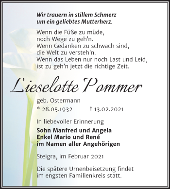 Traueranzeige von Lieselotte Pommer von Super Sonntag Merseburg/Querfurt