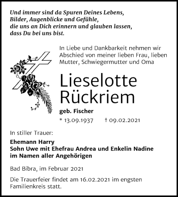 Traueranzeige von Lieselotte Rückriem von Mitteldeutsche Zeitung Naumburg/Nebra