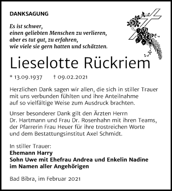 Traueranzeige von Lieselotte Rückriem von Mitteldeutsche Zeitung Naumburg/Nebra