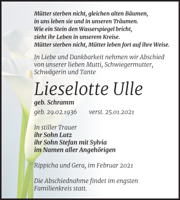 Traueranzeige von Lieselotte Ulle von Super Sonntag Zeitz