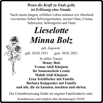 Traueranzeige von Lieselotte Minna Bolz von Super Sonntag Quedlinburg