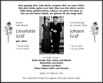 Traueranzeige von Lieselotte und Johann Gräf von Super Sonntag Mansfelder Land