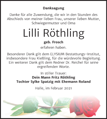 Traueranzeige von Lilli Röthling von Mitteldeutsche Zeitung Halle/Saalkreis