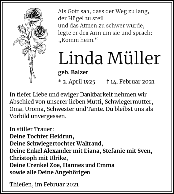 Traueranzeige von Linda Müller von Mitteldeutsche Zeitung Wittenberg
