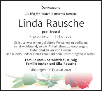 Traueranzeige von Linda Rausche von Super Sonntag Sangerhausen