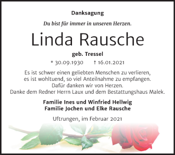 Traueranzeige von Linda Rausche von Mitteldeutsche Zeitung Sangerhausen