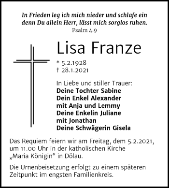 Traueranzeige von Lisa Franze von Mitteldeutsche Zeitung Halle/Saalkreis