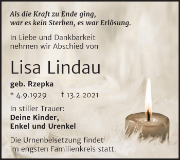 Traueranzeige von Lisa Lindau von Super Sonntag Köthen