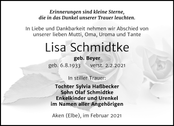 Traueranzeige von Lisa Schmidtke von Super Sonntag Köthen