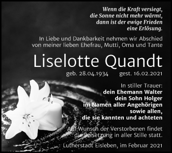 Traueranzeige von Liselotte Quandt von Super Sonntag Mansfelder Land